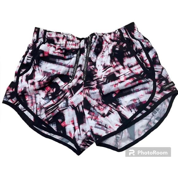 Calvin Klein Pants - Calvin Klein Women's Athletic Shorts - Black and Pink Abstract